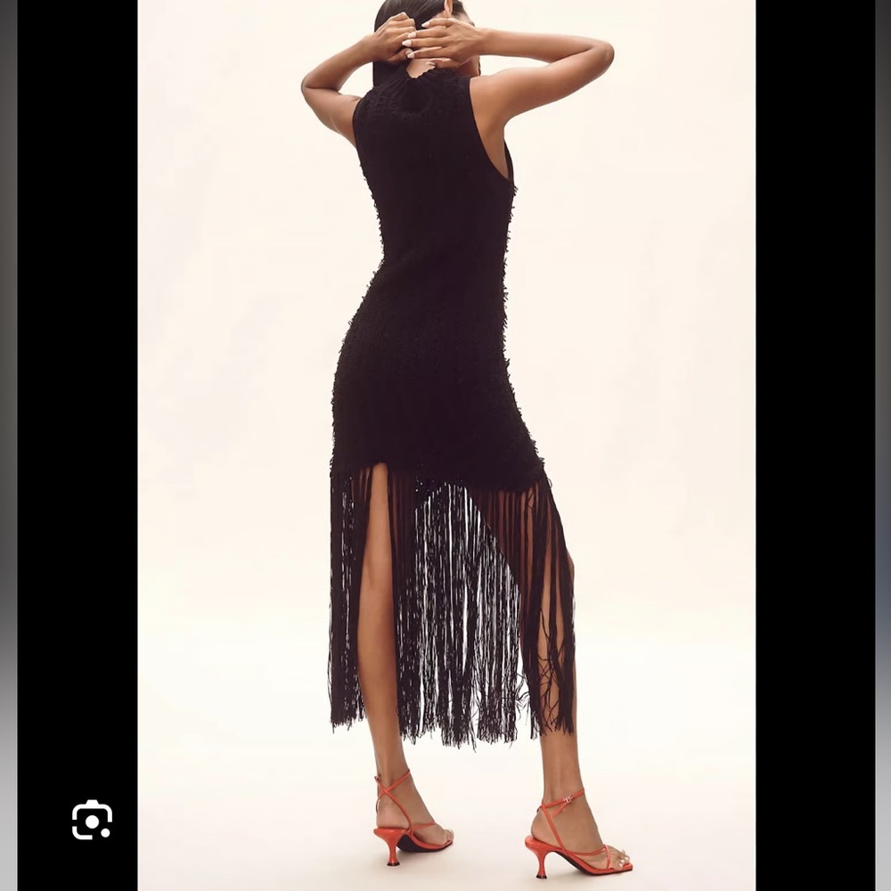 Anthropologie Sleeveless Mock-Neck Black Fringe Sweater Midi Dress